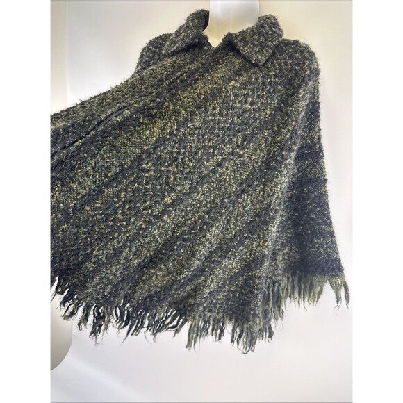 Branigan Weavers Wool Cape Poncho Sweater Full Zip Green Black Striped One Size - Picture 4 of 13
